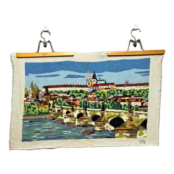 VTG Needlepoint Charles Bridge Prague Canal Village European Embroidery 18”x28” - Picture 1 of 16